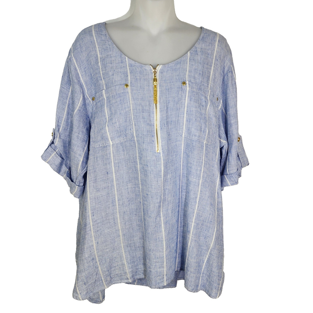 Ellen Tracy 100% Linen Tunic Top Large Blue Stripe Roll Tab Sleeves Gold Zipper